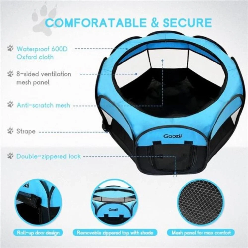 Small Dog Playpen Portable Collapsible (Small Size, Black/Blue)